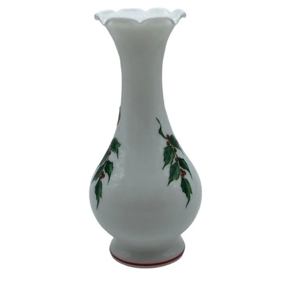 Vintage Westmoreland Glass Holiday Holly Ruffle Top Vase Handcrafted
